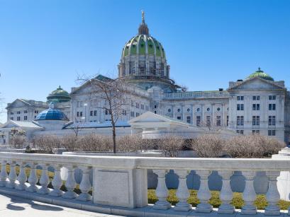 Balcony with view of Harrisburg buildings
