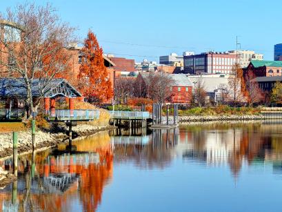 City by the lake during the fall