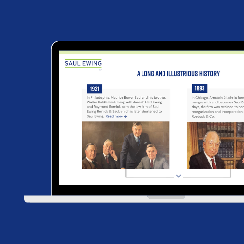 Computer showing a snapshot of the interactive timeline of Saul Ewing's History